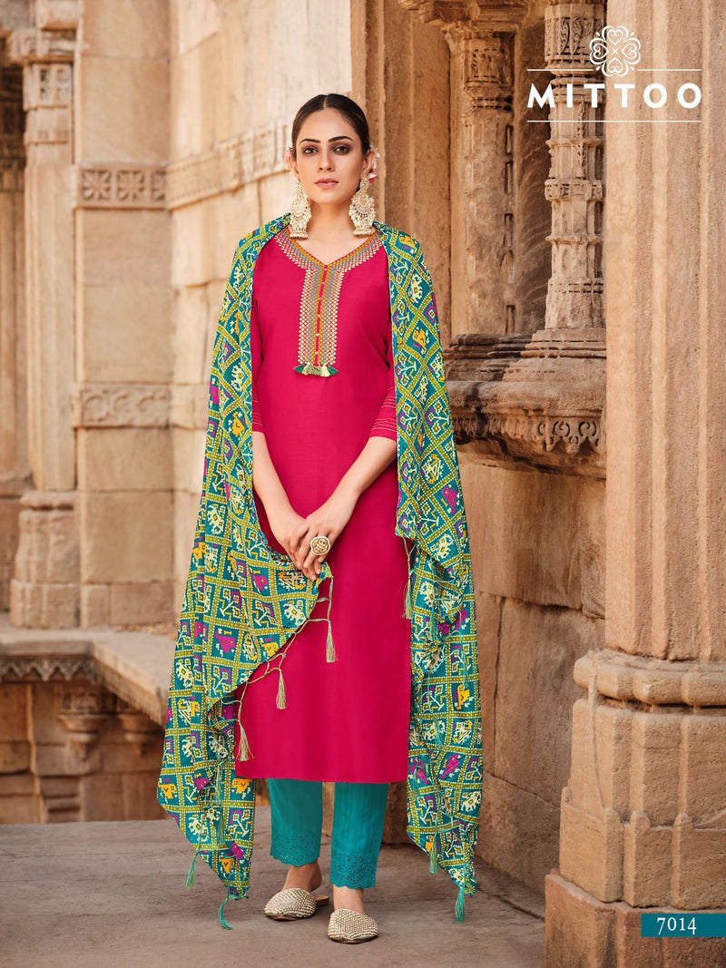 Mittoo Bansri Nylon Viscose Embroidered Designer Party Wear Kurtis With Bottom & Dupatta