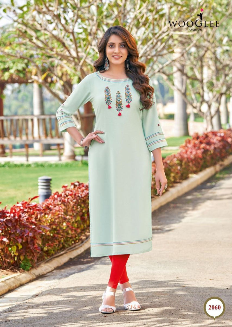 Wooglee Barbella Vol 9 Rayon Embroidered Casual Wear Fancy Kurtis