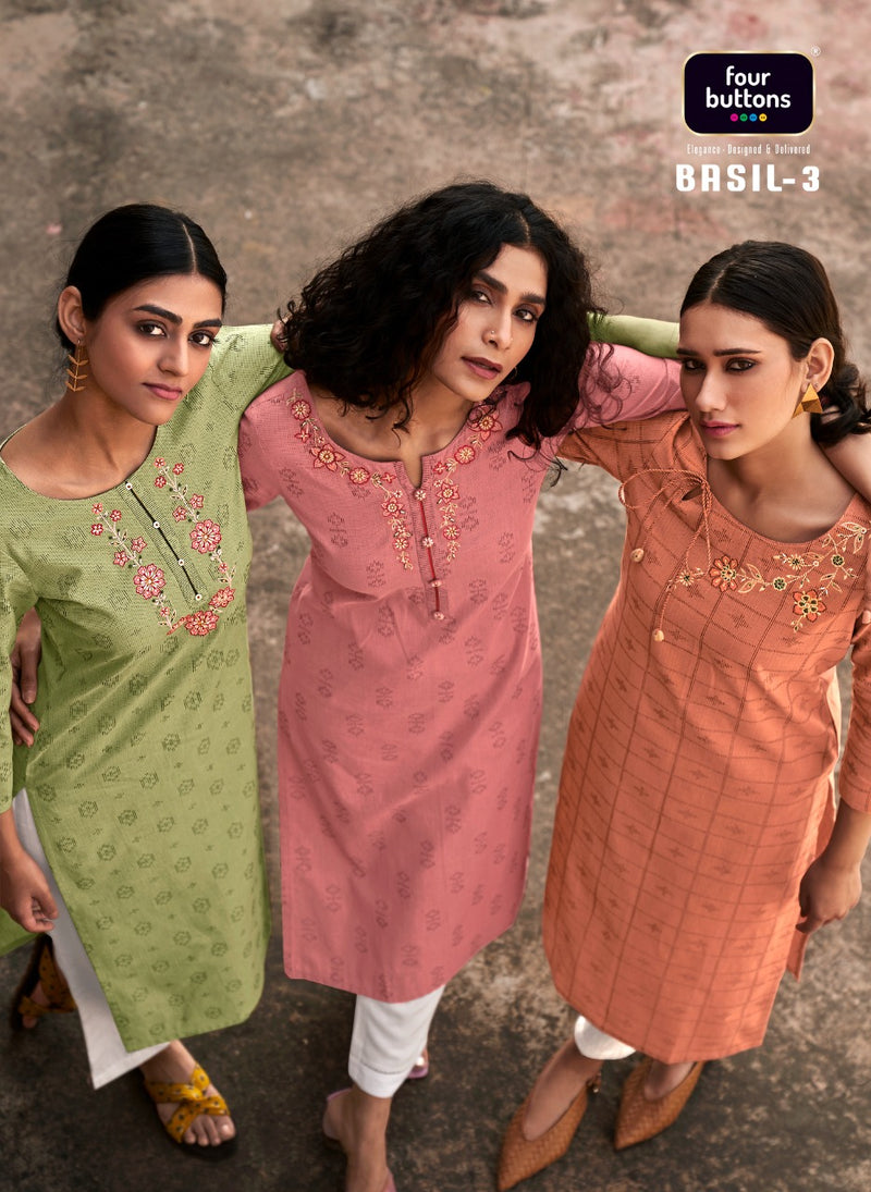 Four Buttons Basil Vol 3 Pure Dobby  Festive Wear Kurtis With Fancy Embroidery Work