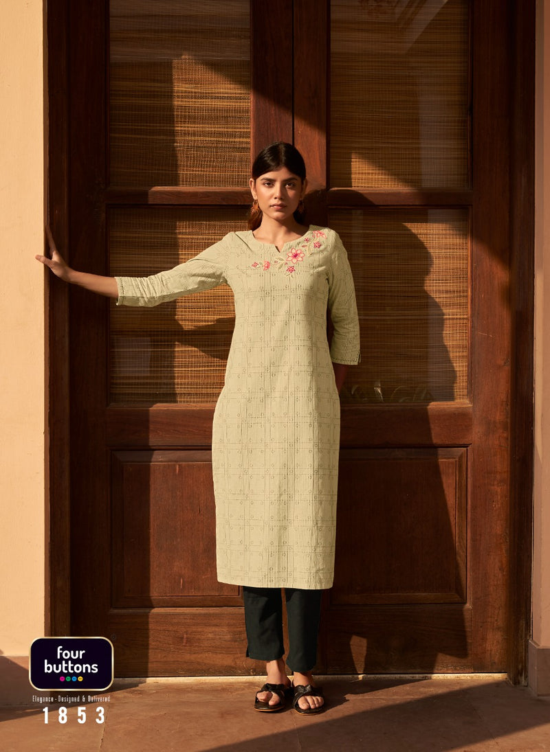 Four Buttons Basil Vol 4 Pure Cotton With Heavy Embroidery work Stylish Designer Casual Wear Kurti