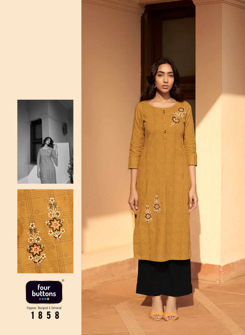 Four Buttons Basil Vol 4 Pure Cotton With Heavy Embroidery work Stylish Designer Casual Wear Kurti