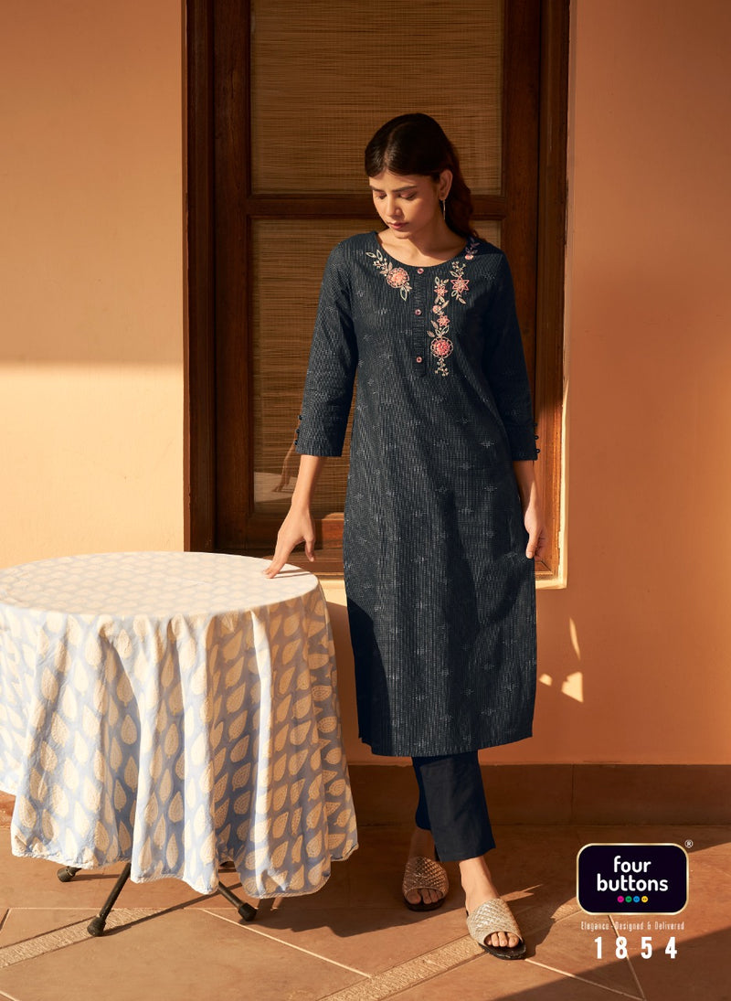 Four Buttons Basil Vol 4 Pure Cotton With Heavy Embroidery work Stylish Designer Casual Wear Kurti