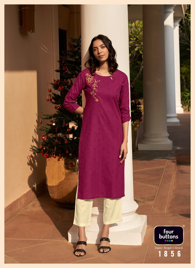 Four Buttons Basil Vol 4 Pure Cotton With Heavy Embroidery work Stylish Designer Casual Wear Kurti