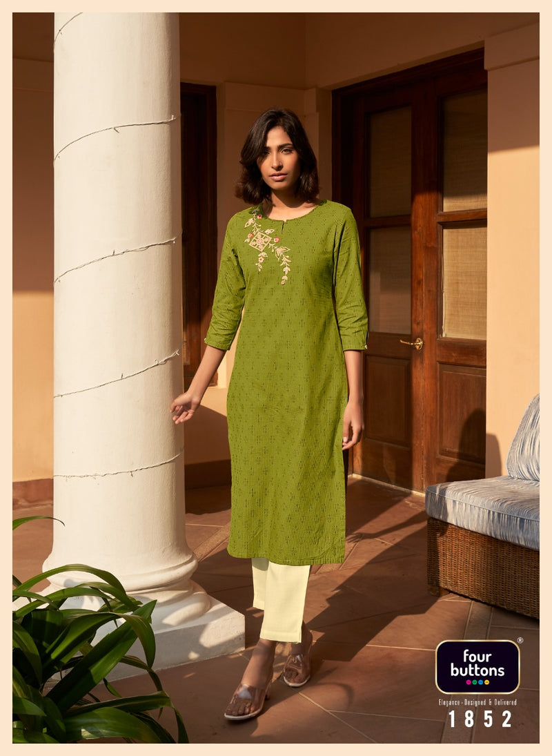 Four Buttons Basil Vol 4 Pure Cotton With Heavy Embroidery work Stylish Designer Casual Wear Kurti