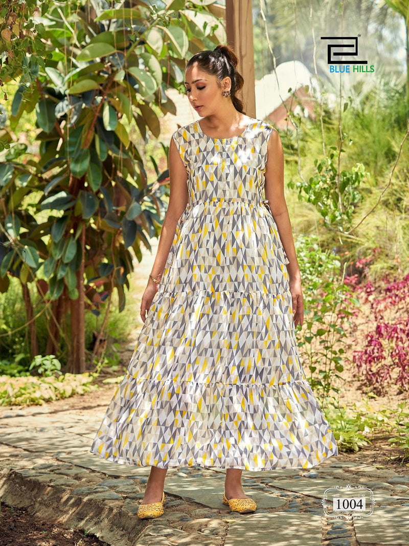 Blue Hills Beach Way Georgette Digital Printed Fancy Gown Style Long Kurtis