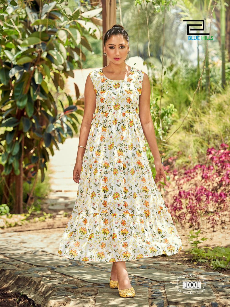 Blue Hills Beach Way Georgette Digital Printed Fancy Gown Style Long Kurtis