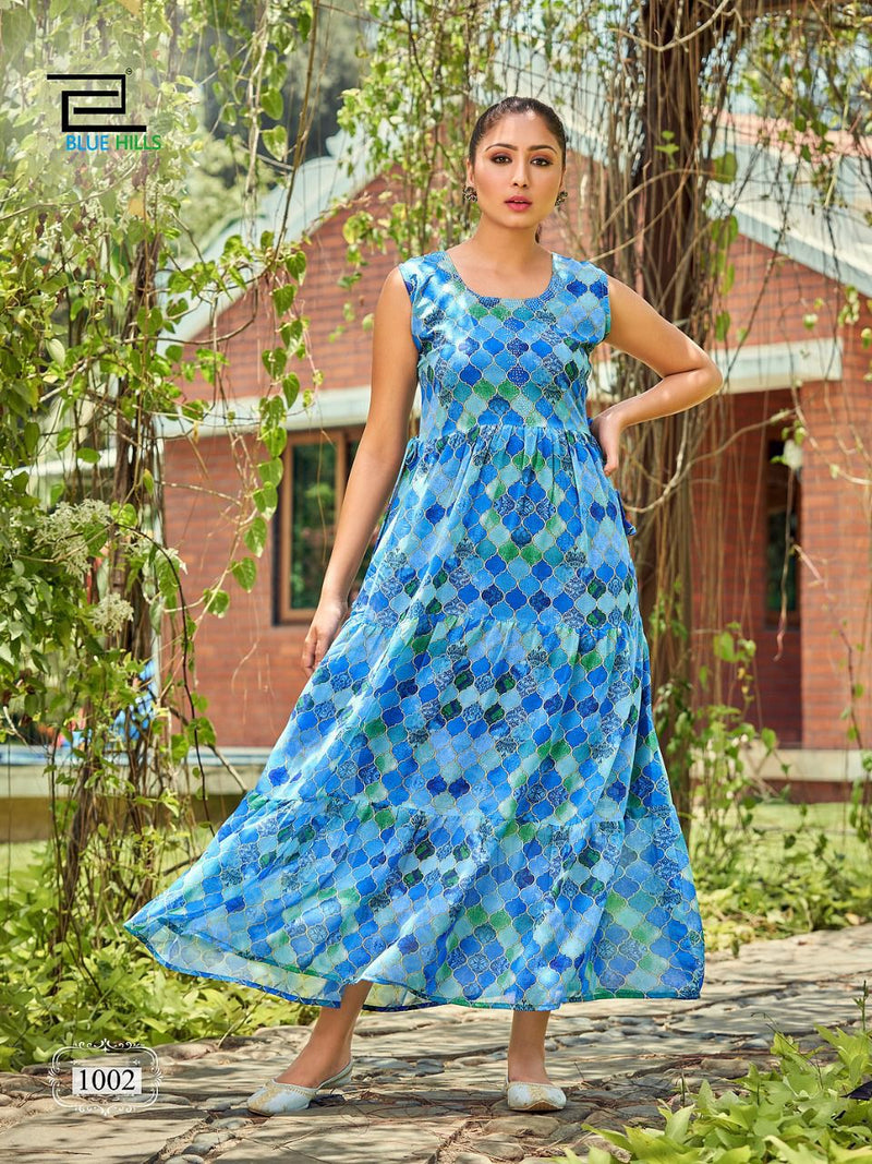 Blue Hills Beach Way Georgette Digital Printed Fancy Gown Style Long Kurtis