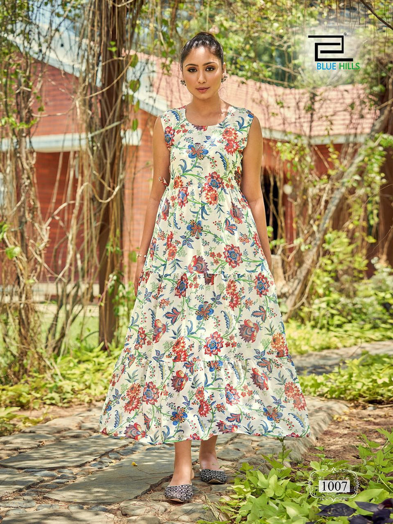 Blue Hills Beach Way Georgette Digital Printed Fancy Gown Style Long Kurtis