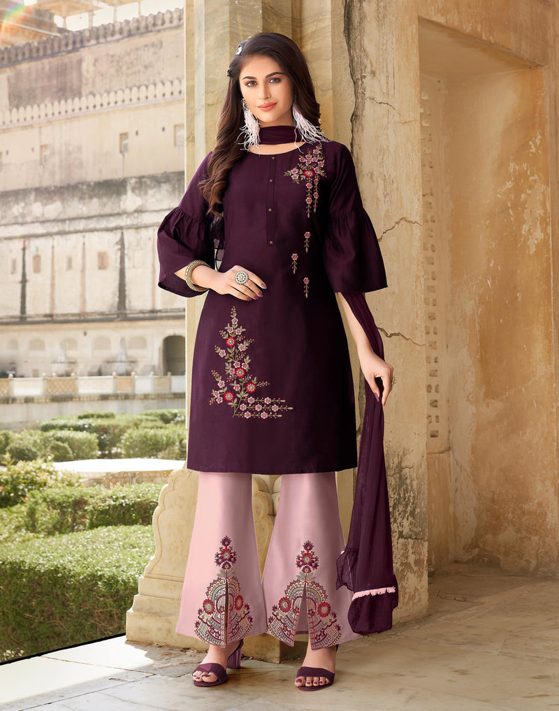 Anju Fabrics Bell Bottom Bamber Silk Party Wear Kurtis With Bottom Pants & Dupatta