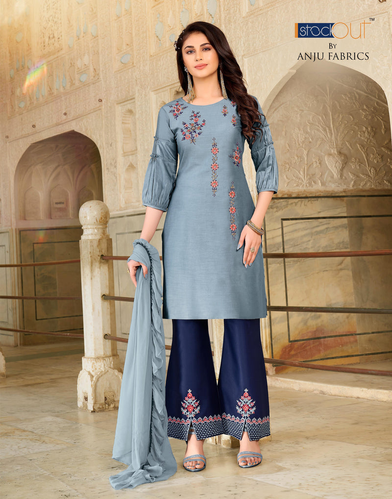 Anju Fabrics Bell Bottom Bamber Silk Party Wear Kurtis With Bottom Pants & Dupatta