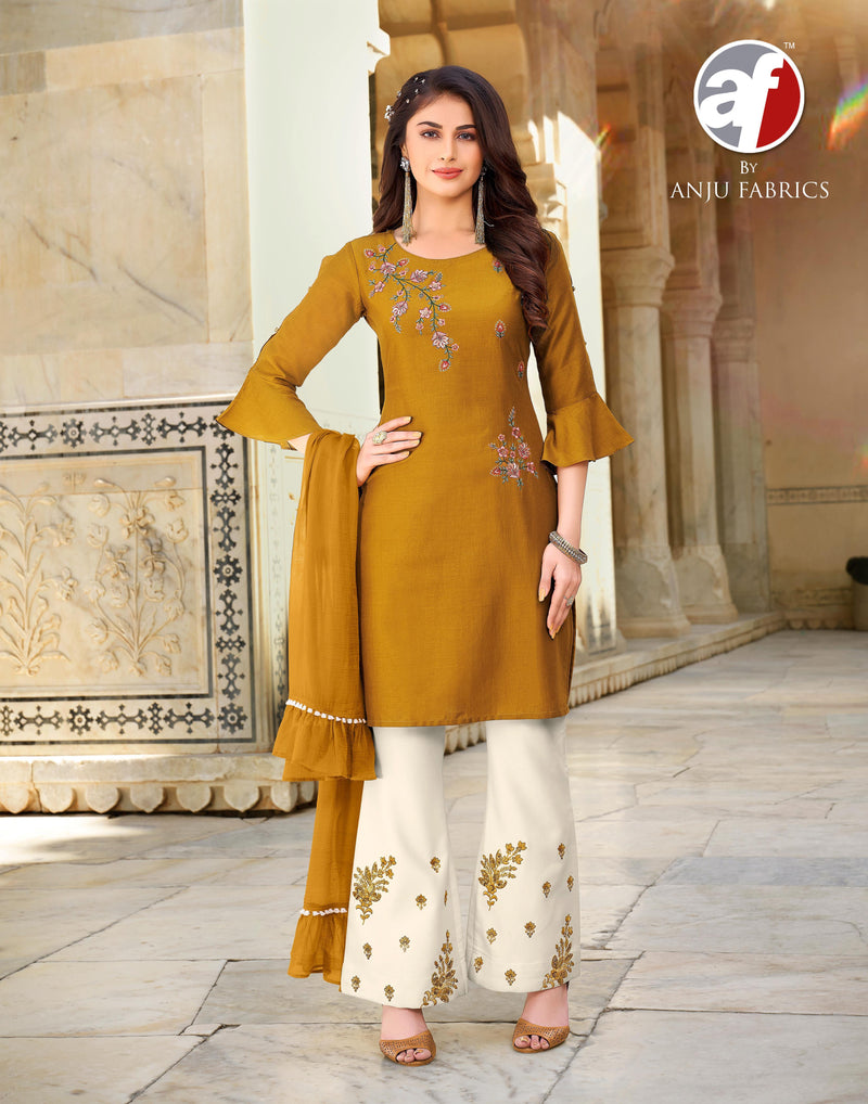 Anju Fabrics Bell Bottom Bamber Silk Party Wear Kurtis With Bottom Pants & Dupatta