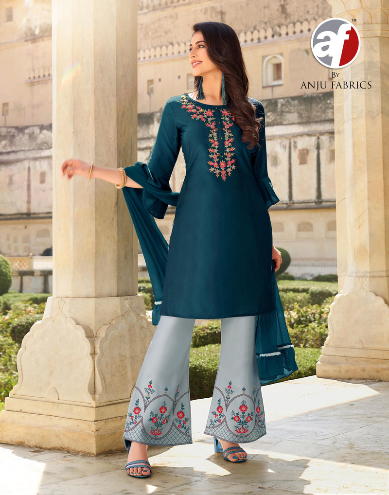 Anju Fabrics Bell Bottom Bamber Silk Party Wear Kurtis With Bottom Pants &  Dupatta