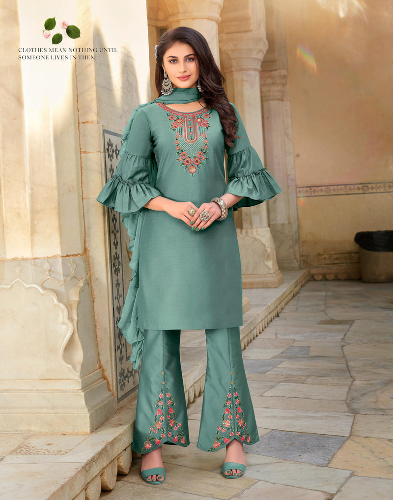 Anju Fabrics Bell Bottom Bamber Silk Party Wear Kurtis With Bottom Pants & Dupatta