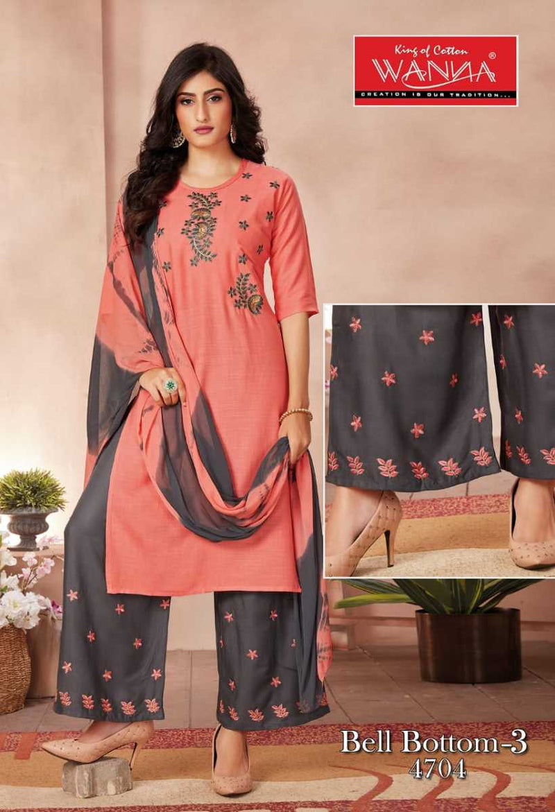 Wanna Bell Bottom Vol 3 Rayon Embroidered Party Wear Kurtis With Set Of Bottom & Dupatta