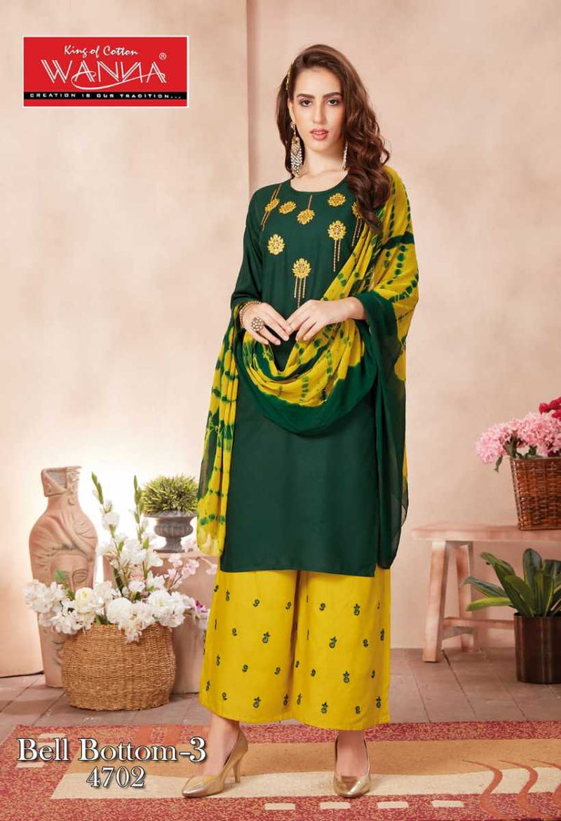 Wanna Bell Bottom Vol 3 Rayon Embroidered Party Wear Kurtis With Set Of Bottom & Dupatta