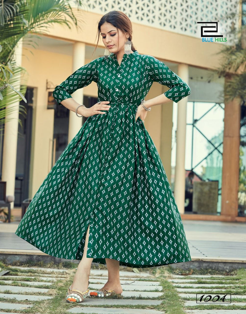 Green Frock Style One Piece Dress with Floral Print and Belt | Festive wear