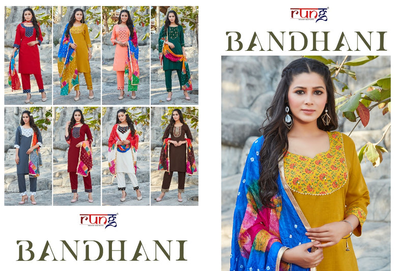 Rung Bandhani Rayon Slub Fancy Festive Wear Kurtis With Bottom & Dupatta