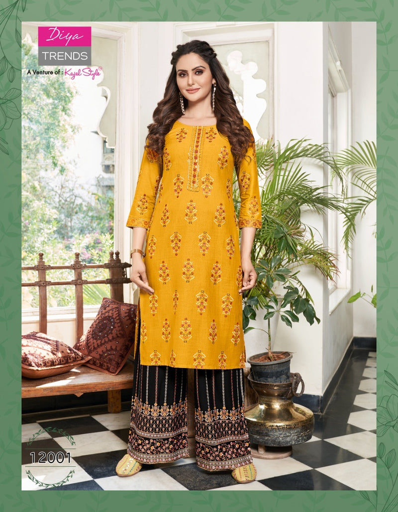 Diya Trends Bibas Vol 12 Rayon Party Wear Fancy Gold Print Kurtis With Plazo Bottom