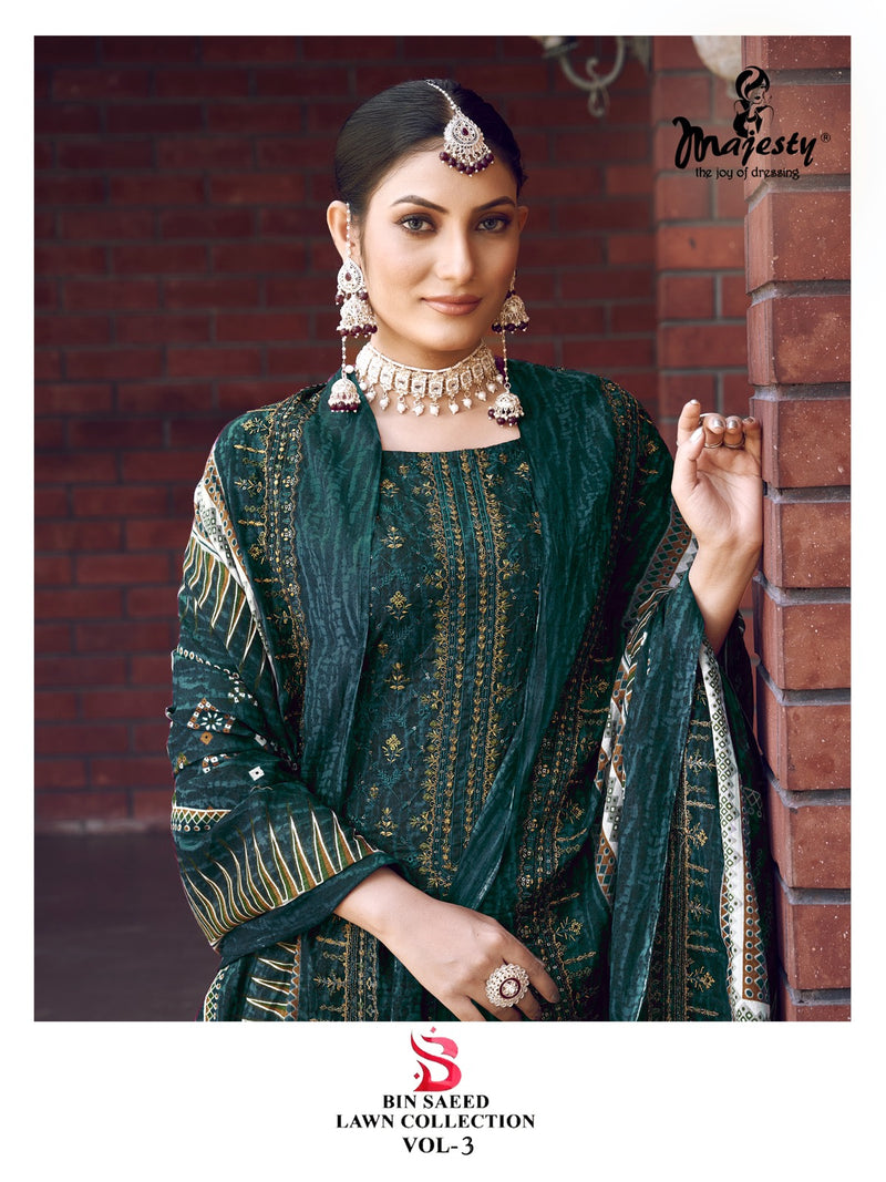 Majesty Bin Saeed Lawn Collection Vol 3 Pure Cotton Self Embroidery Work Pakistani Salwar Kameez