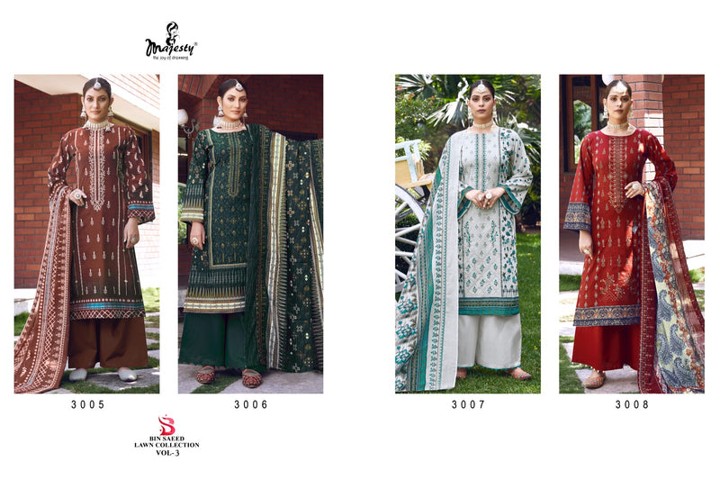 Majesty Bin Saeed Lawn Collection Vol 3 Pure Cotton Self Embroidery Work Pakistani Salwar Kameez