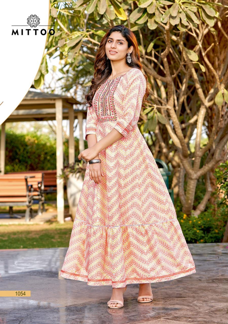 Mittoo Bindi Rayon Prints Fancy Long Gown Style Party Wear Kurtis