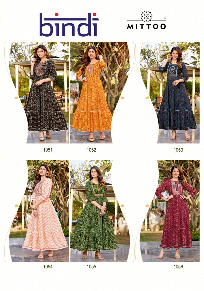 Mittoo Bindi Rayon Prints Fancy Long Gown Style Party Wear Kurtis