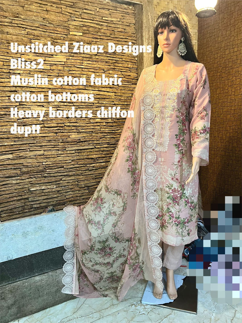 Ziaaz Designs Bliss 2 Muslin Cotton Embroidered Pakistani Style Party Wear Salwar Suits