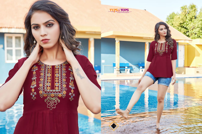 Tips & Tops Blossom Vol 8 Rayon Short Fancy Stylish Western Wear Kurtis With Beautiful Embroidery
