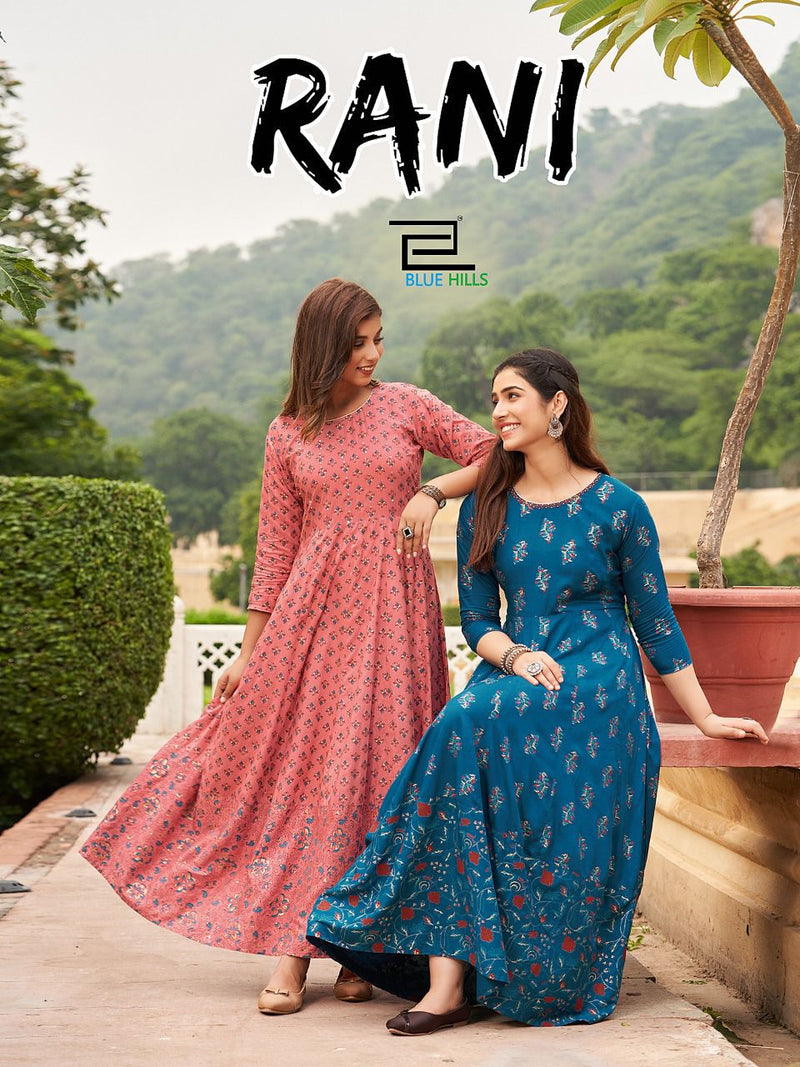 Blue Hills Rani Vol 1 Rayon With Foil Printed Work Stylish Designer Party Wear Fancy Long Gown
