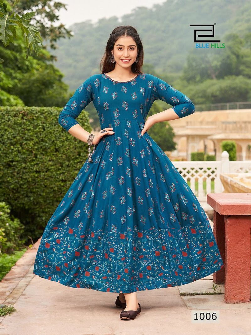 Blue Hills Rani Vol 1 Rayon With Foil Printed Work Stylish Designer Party Wear Fancy Long Gown
