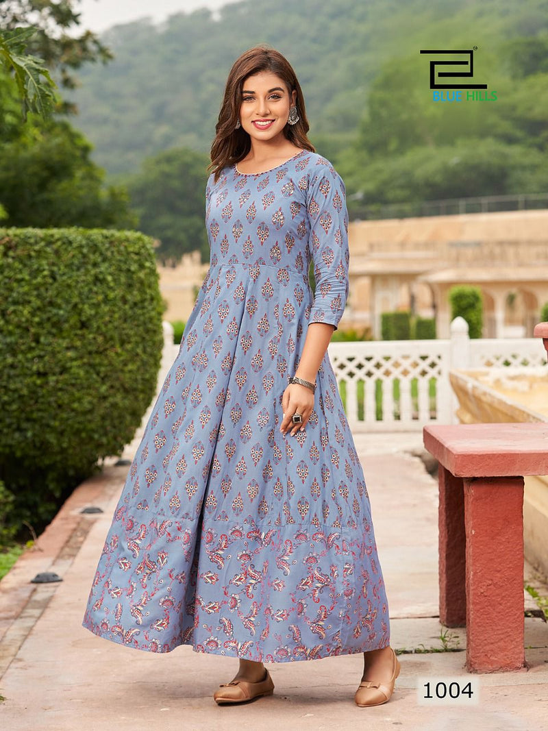 Blue Hills Rani Vol 1 Rayon With Foil Printed Work Stylish Designer Party Wear Fancy Long Gown