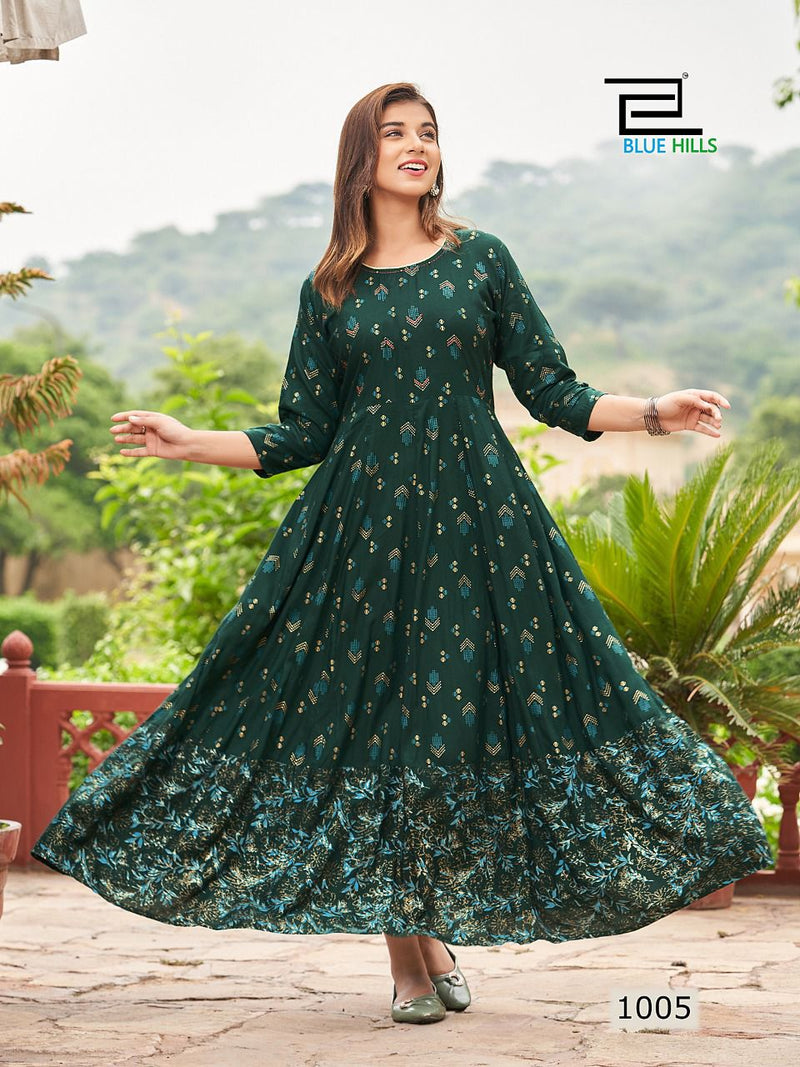 Blue Hills Rani Vol 1 Rayon With Foil Printed Work Stylish Designer Party Wear Fancy Long Gown