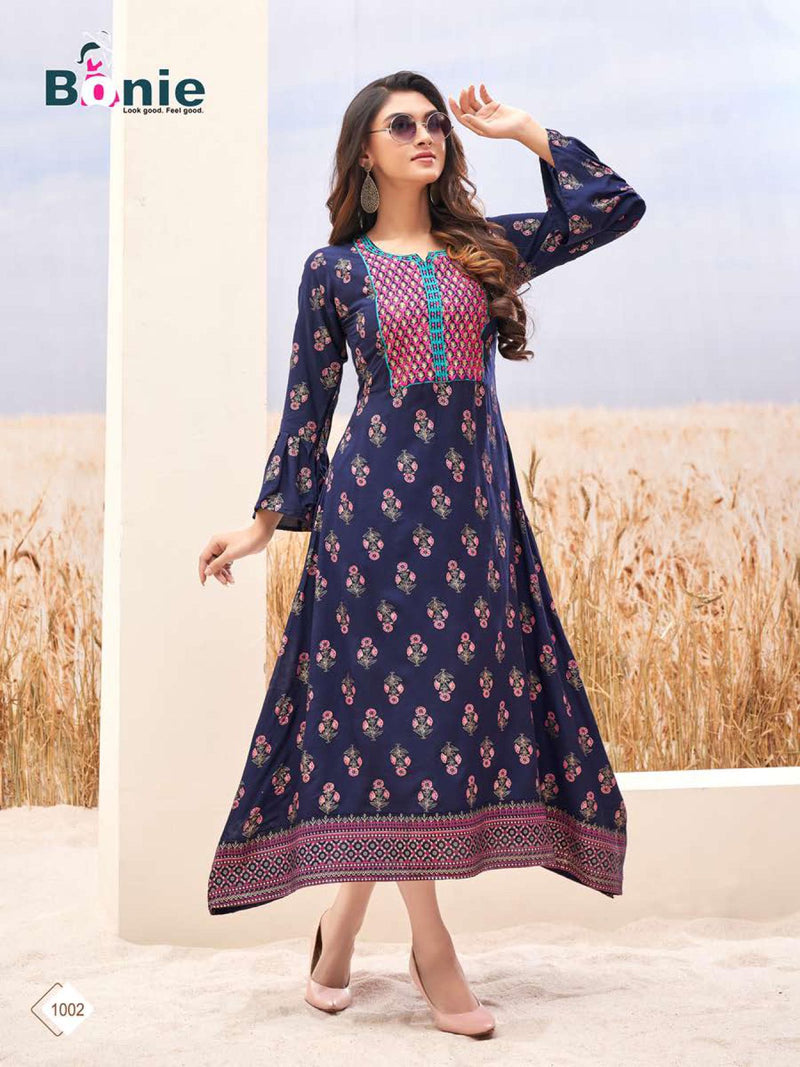 Bonie Srivali Heavy Rayon Gown Style Fancy Stylish  Festive Wear Kurtis