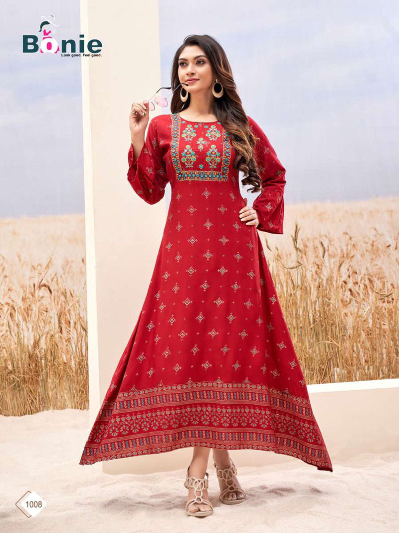 Bonie Srivali Heavy Rayon Gown Style Fancy Stylish  Festive Wear Kurtis