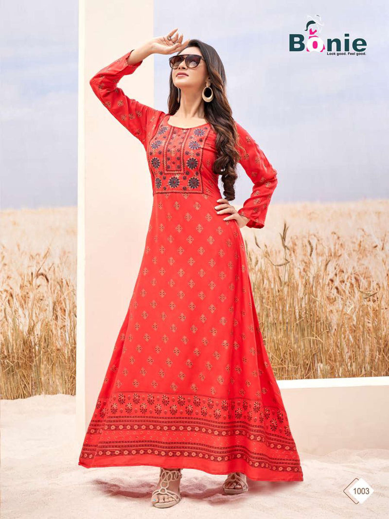 Bonie Srivali Heavy Rayon Gown Style Fancy Stylish  Festive Wear Kurtis