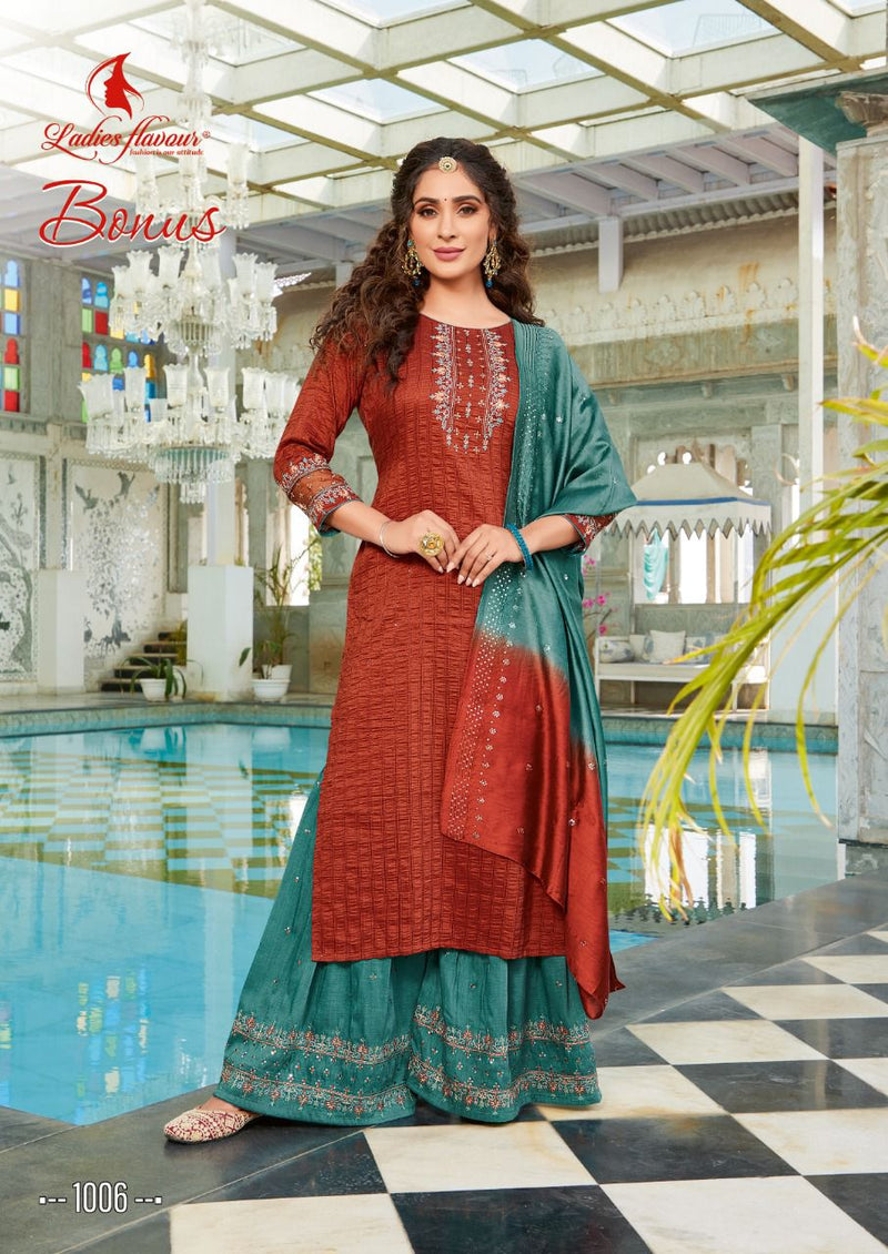 Ladies Flavour Bonus Chinon Weaving Fancy Festive Wear Kurtis With Skirt & Dupatta