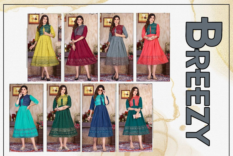 Riyaa Breezy Vol 1 Rayon Party Wear Gown Style Foil Printed Kurtis With Koti
