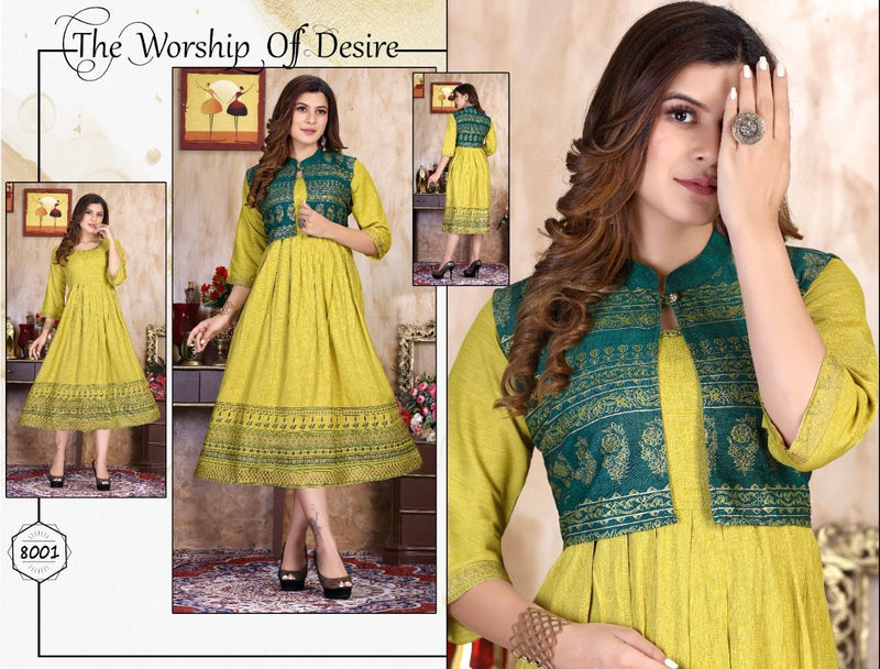 Riyaa Breezy Vol 1 Rayon Party Wear Gown Style Foil Printed Kurtis With Koti