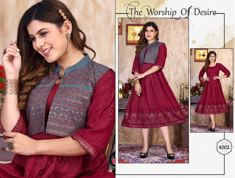 Riyaa Breezy Vol 1 Rayon Party Wear Gown Style Foil Printed Kurtis With Koti