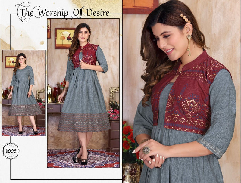 Riyaa Breezy Vol 1 Rayon Party Wear Gown Style Foil Printed Kurtis With Koti