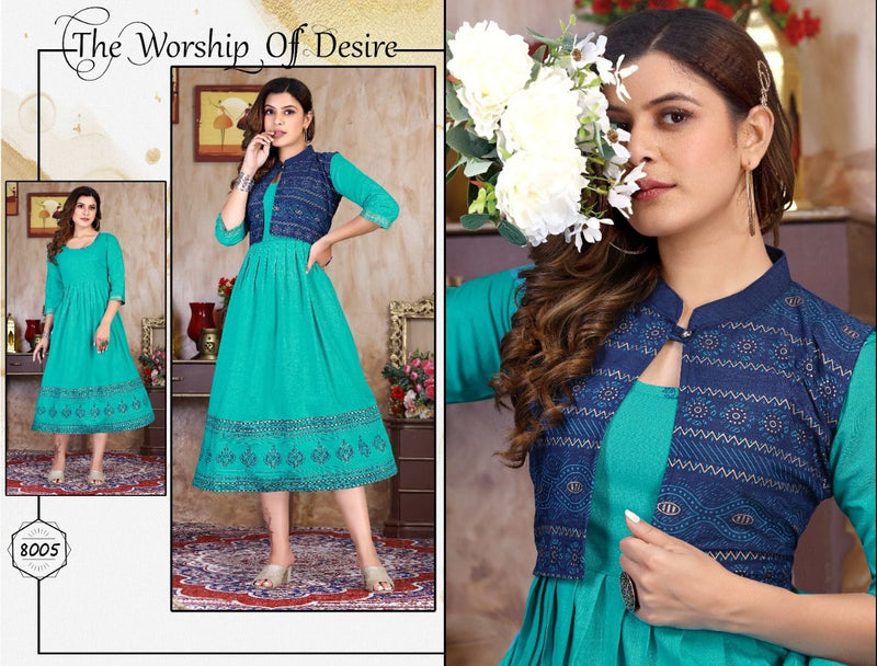 Riyaa Breezy Vol 1 Rayon Party Wear Gown Style Foil Printed Kurtis With Koti