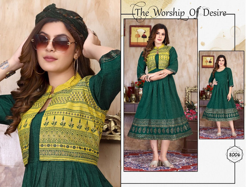 Riyaa Breezy Vol 1 Rayon Party Wear Gown Style Foil Printed Kurtis With Koti