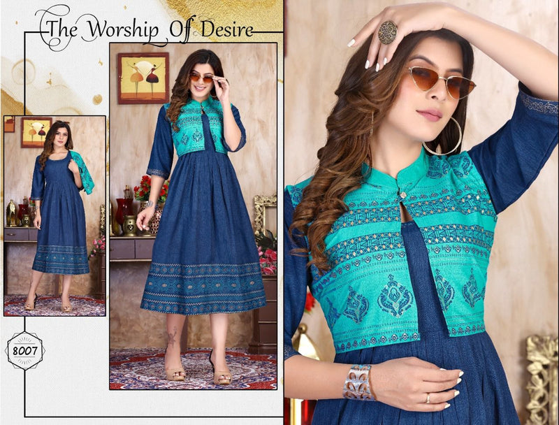 Riyaa Breezy Vol 1 Rayon Party Wear Gown Style Foil Printed Kurtis With Koti