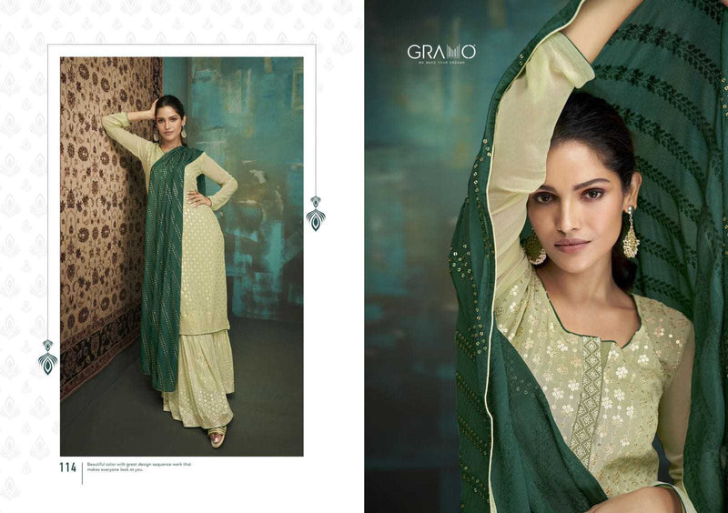 Gramo Bride Vol 1 Fox Georgette Stylish Party Wear Kurtis With Set Of Sharara & Dupatta