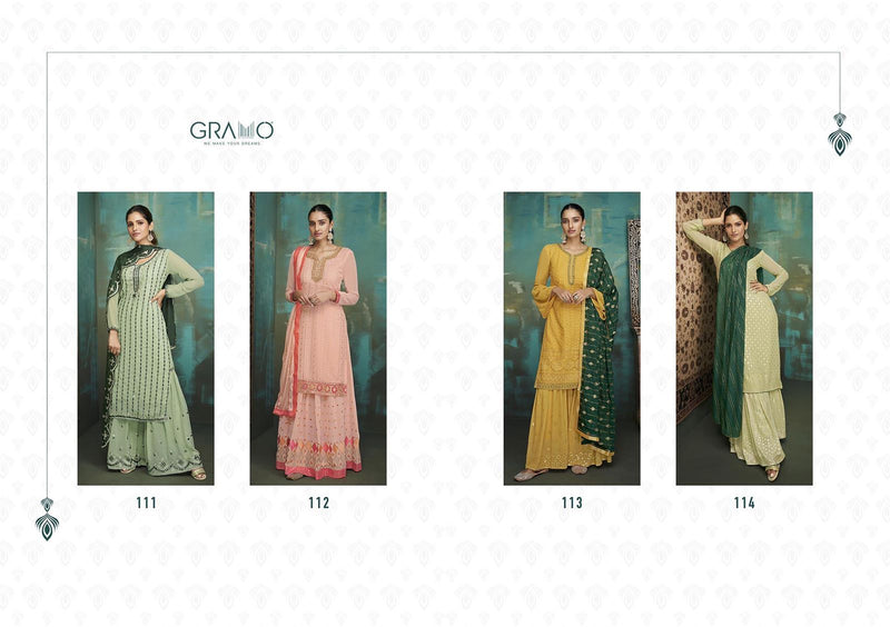 Gramo Bride Vol 1 Fox Georgette Stylish Party Wear Kurtis With Set Of Sharara & Dupatta