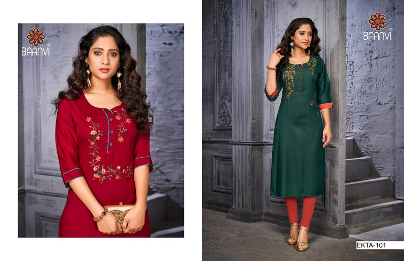 Baanvi Ekta Vol 1 Pure Slub With Embroidered Work Stylish Kurti