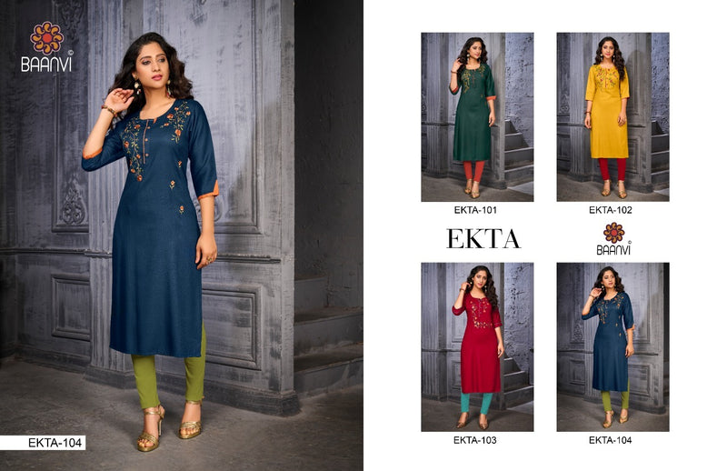 Baanvi Ekta Vol 1 Pure Slub With Embroidered Work Stylish Kurti