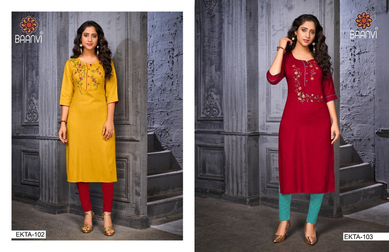 Baanvi Ekta Vol 1 Pure Slub With Embroidered Work Stylish Kurti