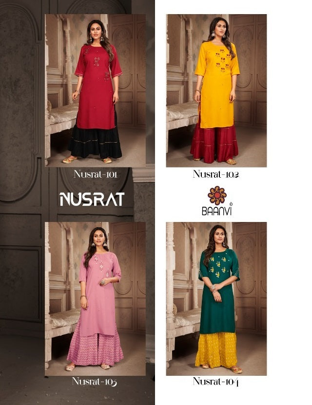 Baanvi Nusrat Vol 1 Rayon Slub Hand Work Stylish Kurti