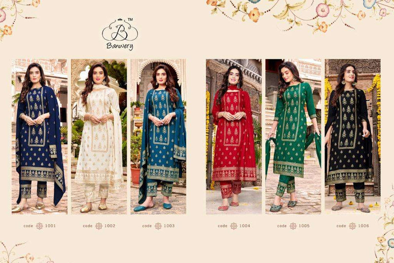 Banwery Launch By Parishi Rayon Foil Prined Exclusive Attractive Look Pakistani Salwar Kameez